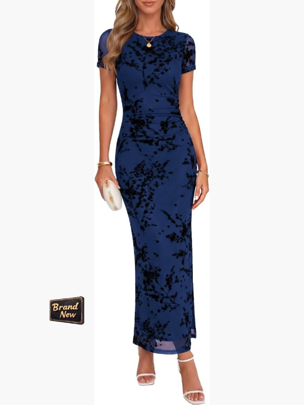 Women's Summer Floral Bodycon Maxi Dress Ruched Mesh Elegant Formal Cocktail - Picture 1 of 7